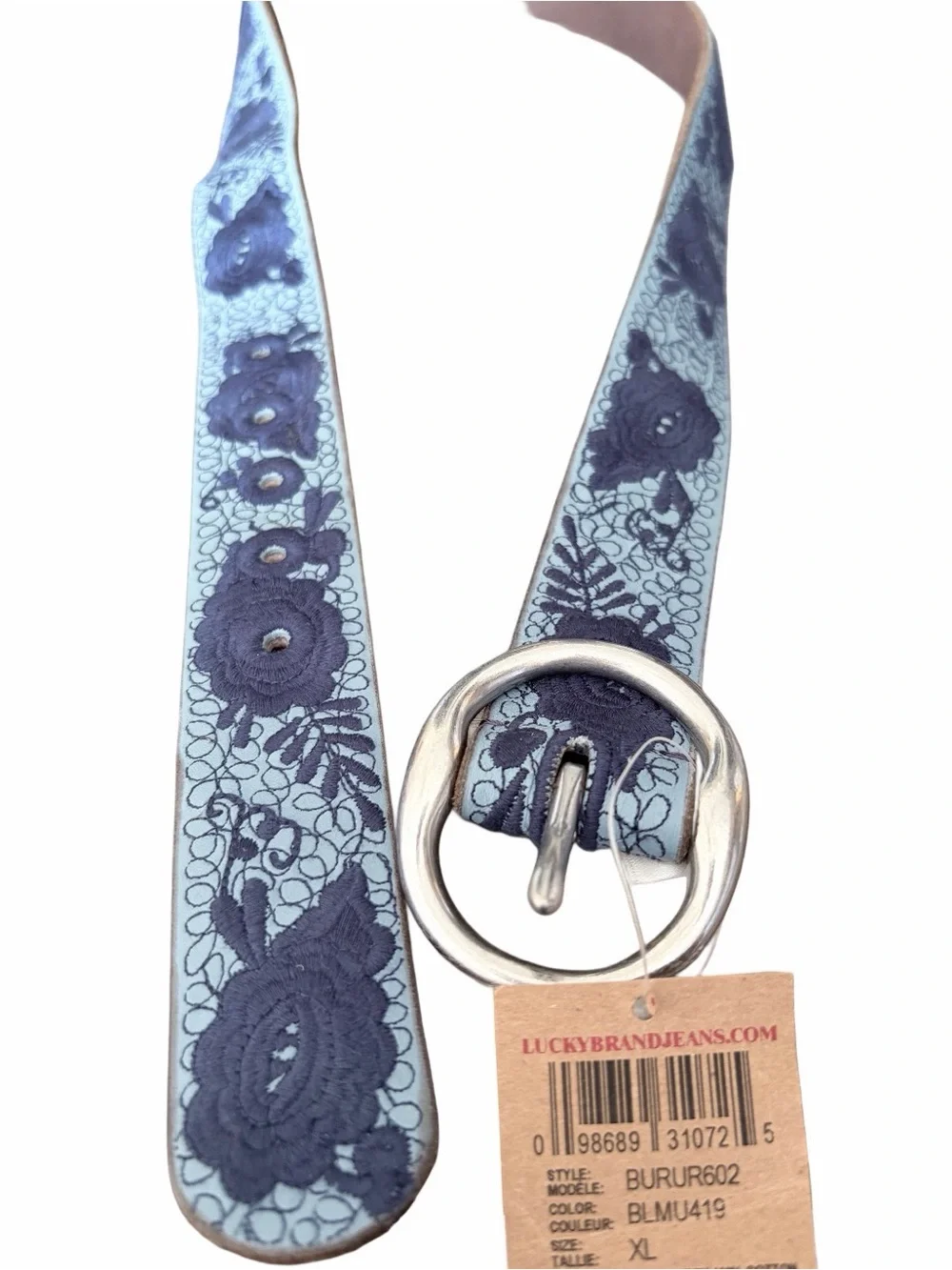 Lucky Brand NWTs Blue Leather Embroidered Floral Belt size XL